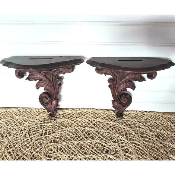 MCM Syroco Wood Wall Shelves w/ Plate Groove, SET/2 Composite Wood, Mahogany Red - Picture 2 of 10